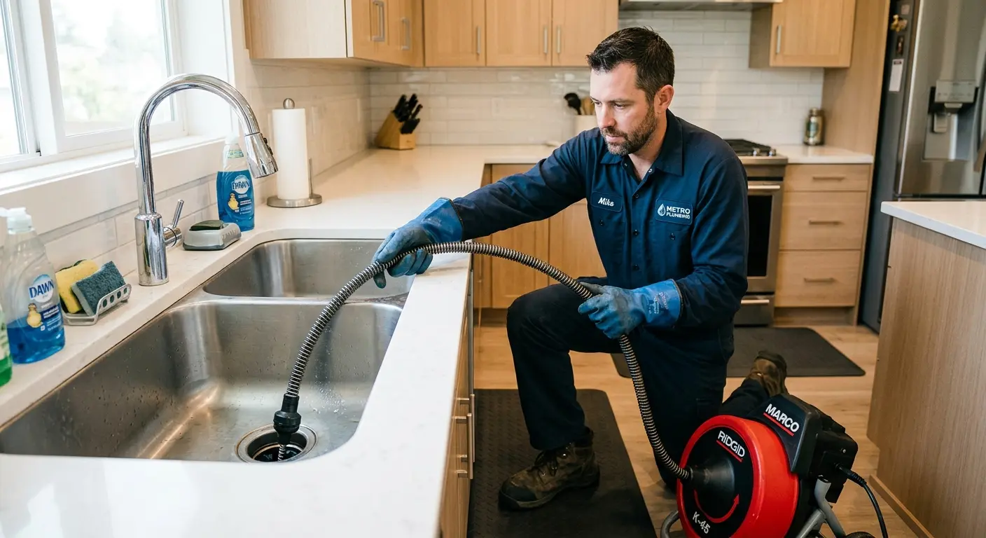 Drain cleaning technician using a motorized snake on a kitchen sink in Sunland Park