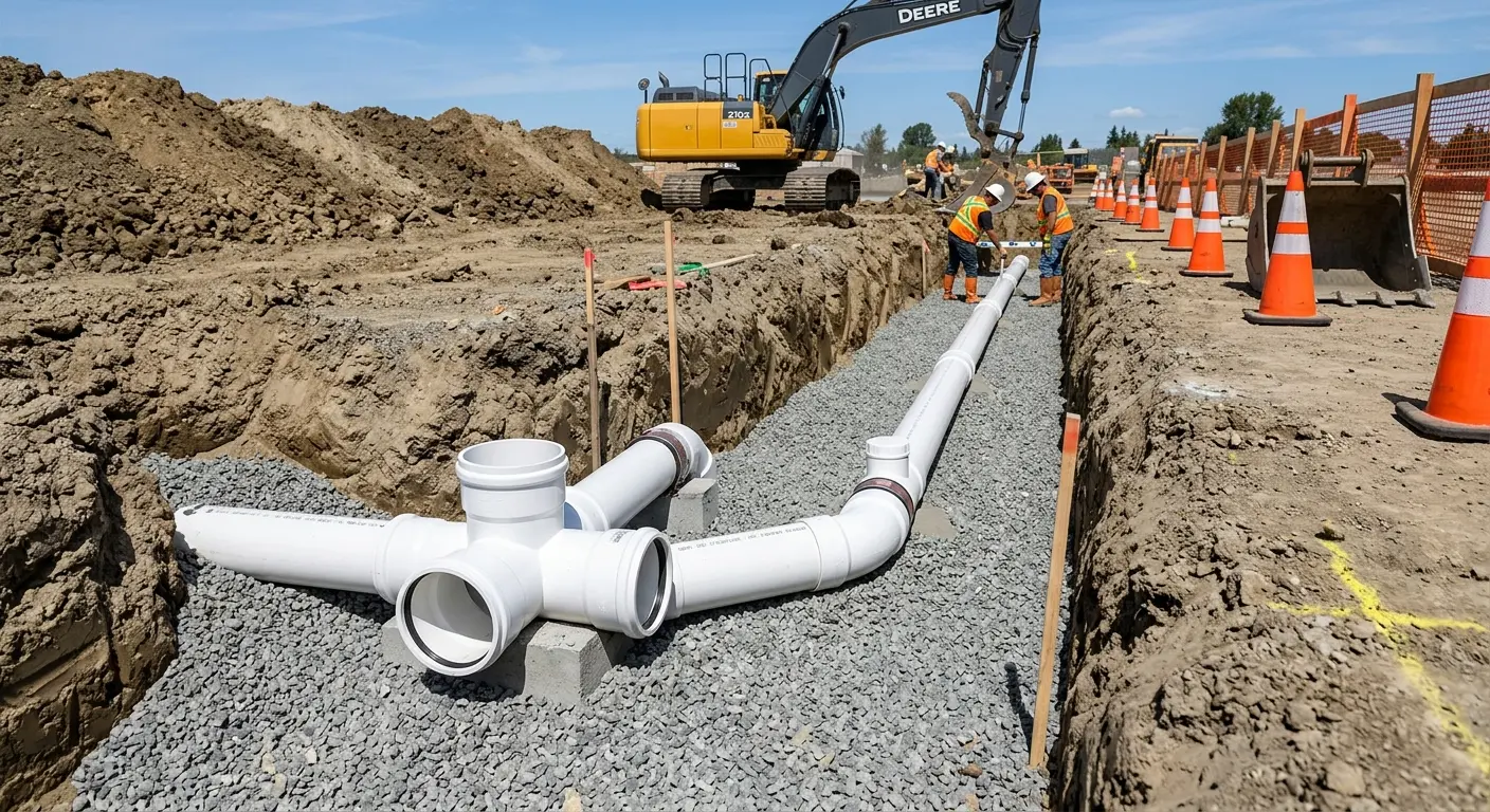 New PVC sewer pipe installation in open trench for Grease Trap Cleaning in Sunland Park