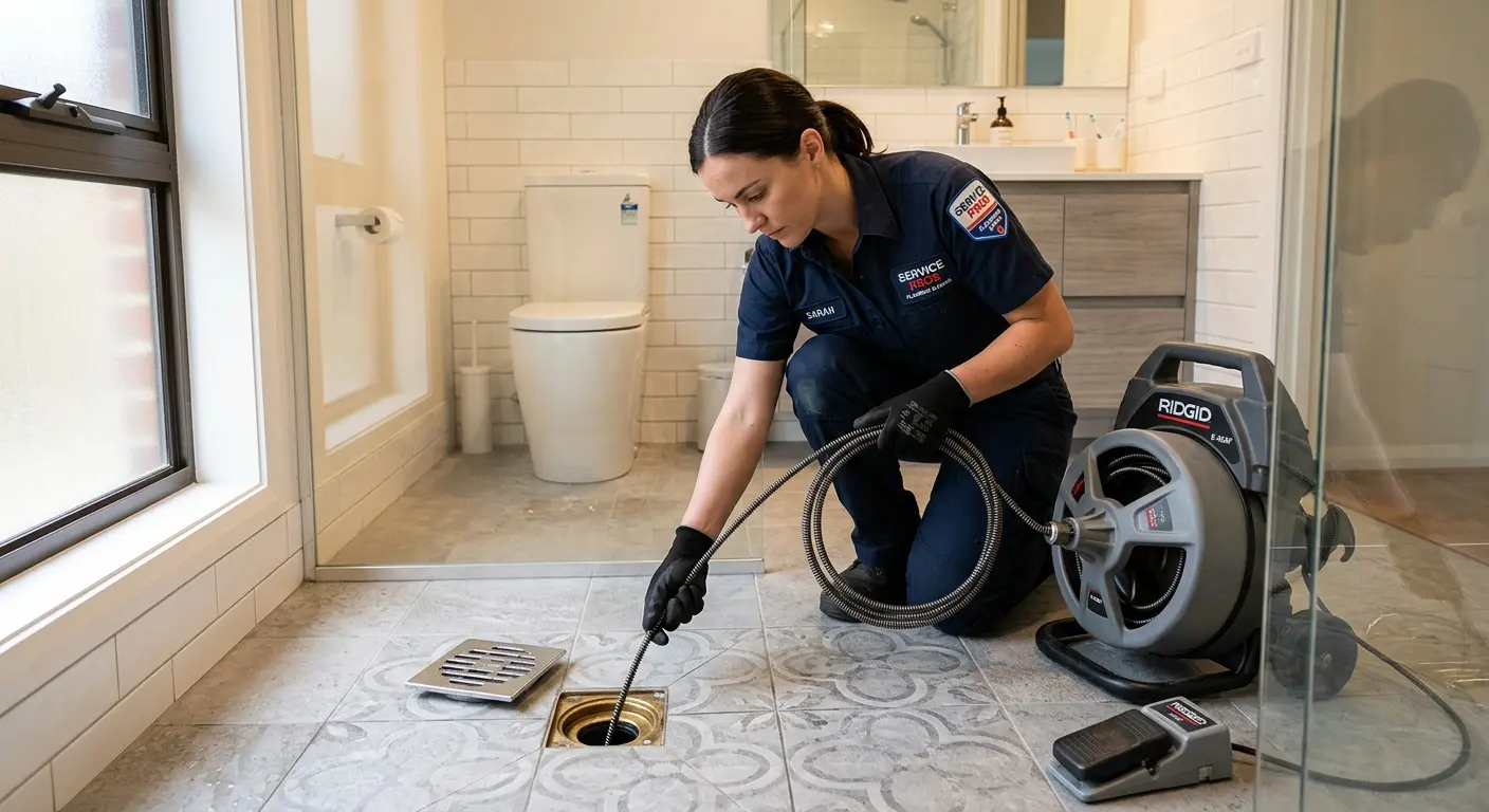 Technician clearing a bathroom floor drain for Drain Repair in Sunland Park
